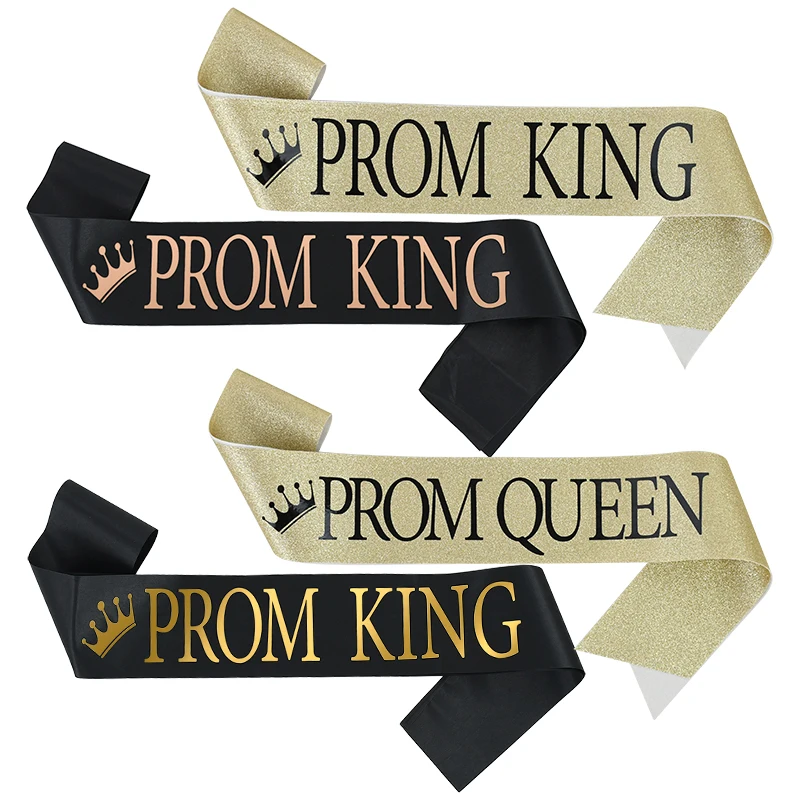 Women Men White Prom King Queen Sash Black Crown Satin Sashes Scarf Belt Shoulder Strap for Happy Prom Party Decoration