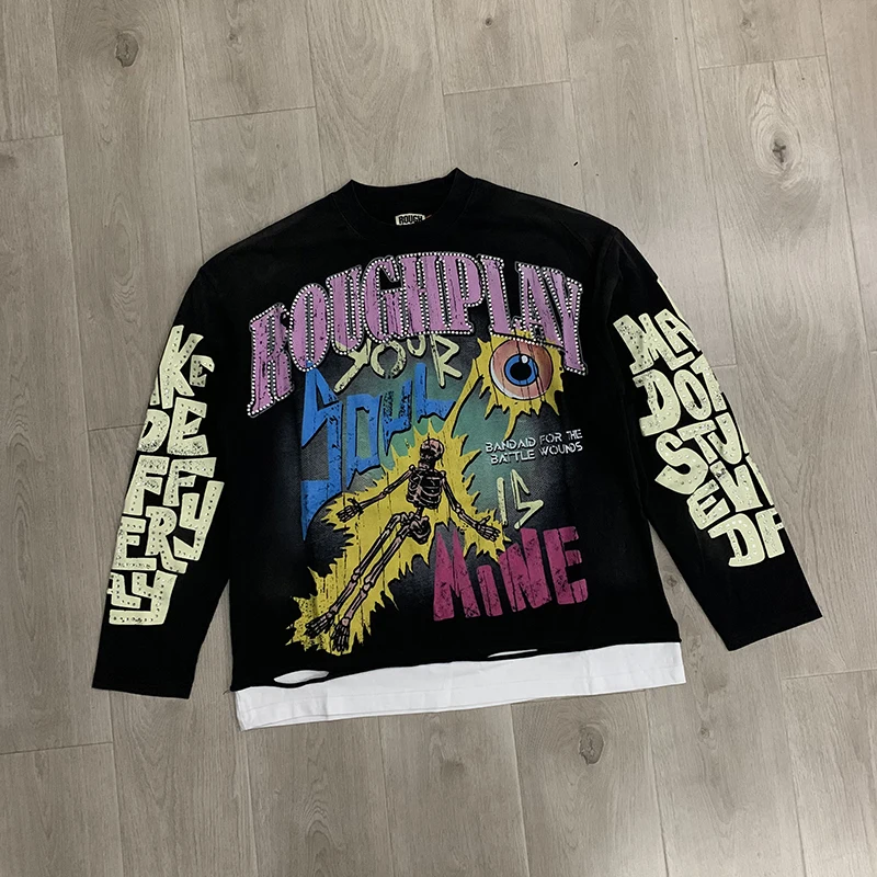 26ss Rough Play Long Sleeve Eyeball Skull Printed T-shirt Hip Hop Loose High Quality Rough Play Men's Clothing