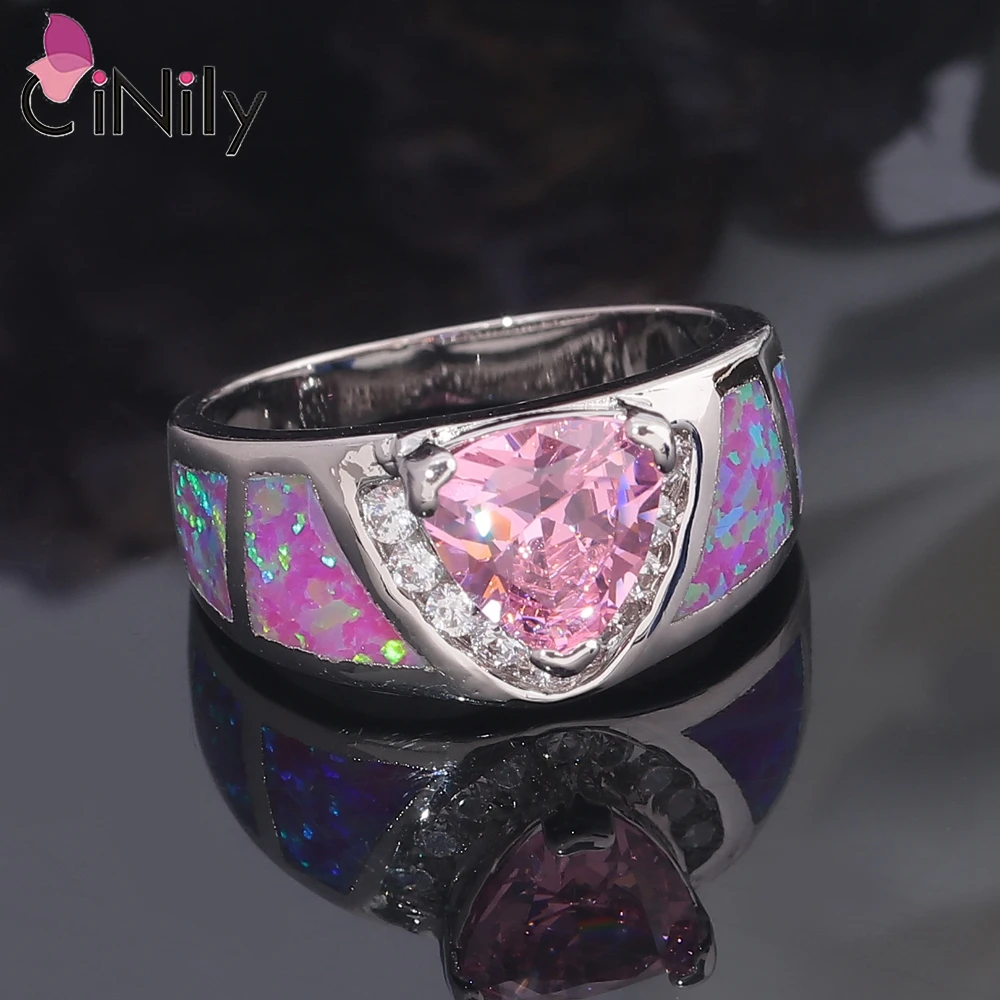 CiNily 925 Sterling Silver Pink Fire Hearted Opal Stone Rings with Pink Zircon for Women Wedding Party Fashion Jewelry Size 5-12