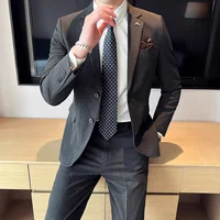 (Jacket + Pants) High End Brand Boutique Solid Color Mens Casual Business Office Suit Groom Wedding Dress Party Blazer Trousers 3