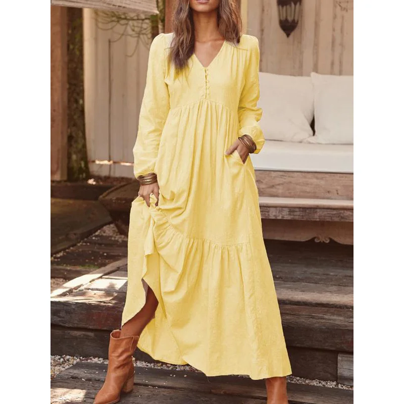 Polychrome Autumn and Winter 2023 Women's Clothing V-Neck Button Cotton Linen Retro Casual Long Sleeves Large Swing Long Dresses