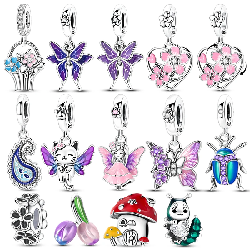 

SaleRotating Cherry Blossoms Charms Bead 925 Sterling Silver Butterfly Dangle Pendant Fit Bangle Bracelet Necklace DIY Jewelry