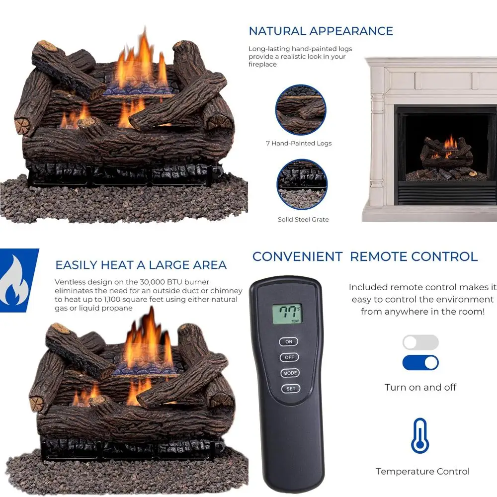 

Dual Fuel Ventless Fireplace Logs Set with Remote, Compatible with Natural Gas or Propane, 30,000 BTUs