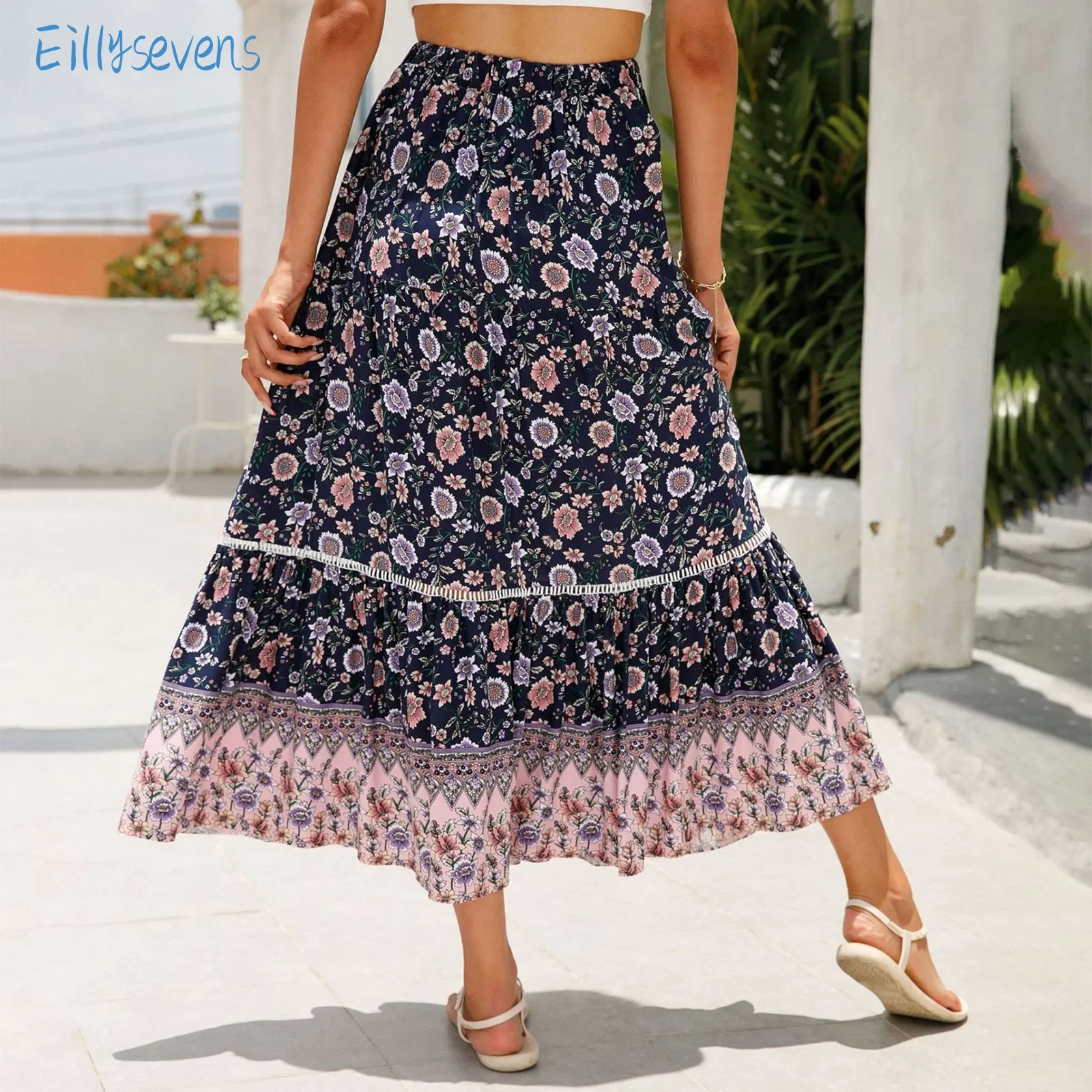 Women'S New Lace Splicing Long Skirts Fashion Trend Leisure Vacation Flowy Skirts Flower Printed Elastic Waist A-Line Skirts