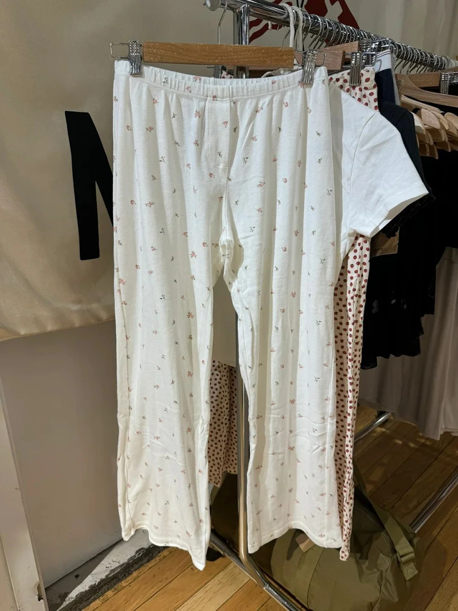 Calça reta de ilhó floral vermelha feminina, calça casual de algodão de cintura alta, pijama vintage doce lar, calça longa, outono, Y2K