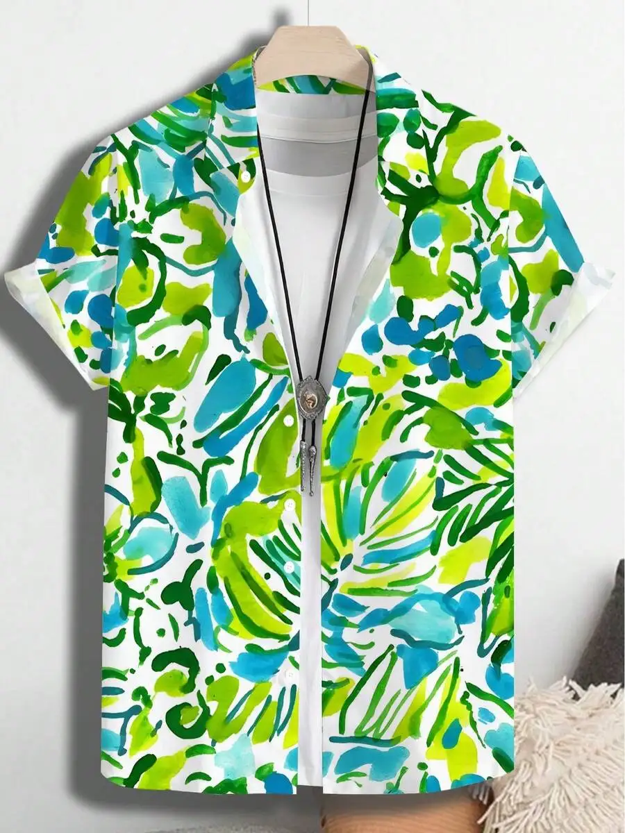 

Mens Hawaiian Shirt With Tropical Leaf Print Casual Beach Style Lightweight Breathable Short Sleeve