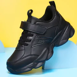 2024 New Kids Luxury Black Leather Sneakers Casual Sports Shoes for Children Anti-skid Wear-resistant School Shoe with Velcro