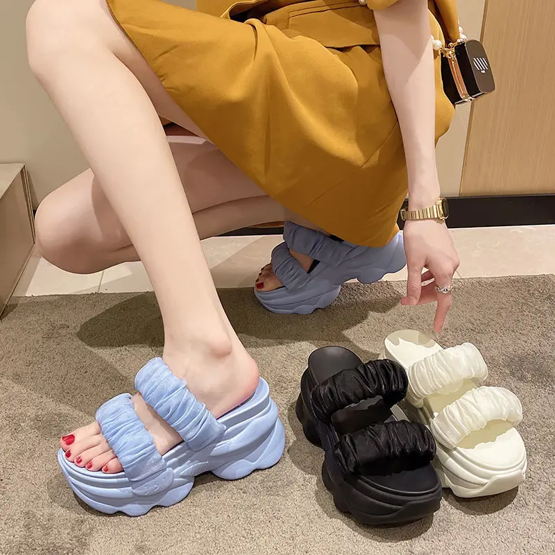 CINESSD Summer Platform Slippers Women Blue Pleated Riband Discolor Ladies Chunky Sole Beach Cool Wedges Slides Shoes Woman