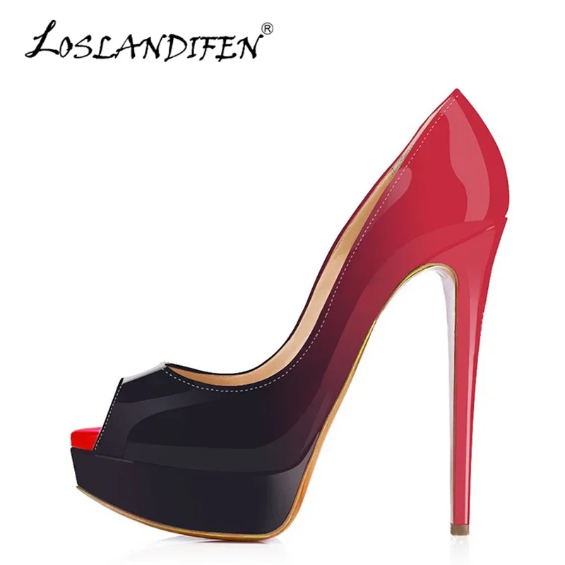 Zapatos de tacón de charol para mujer, calzado Sexy con plataforma y Punta abierta, tacones extremadamente altos de 14cm, Stiletto degradado rojo