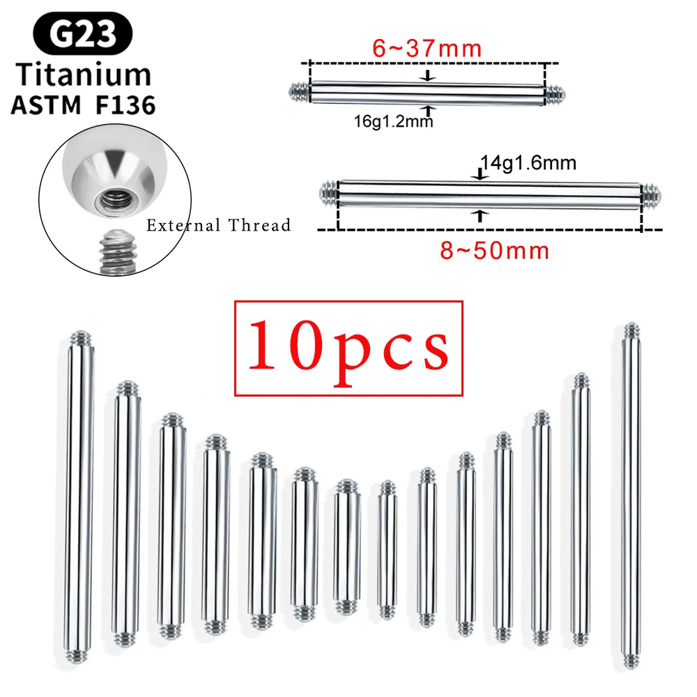 10pc G23 Titanium 14G 16G External Thread Straight Shaft Studs Bar Replacement Accessories Ear Piercing Nipple Bars Body Jewelry