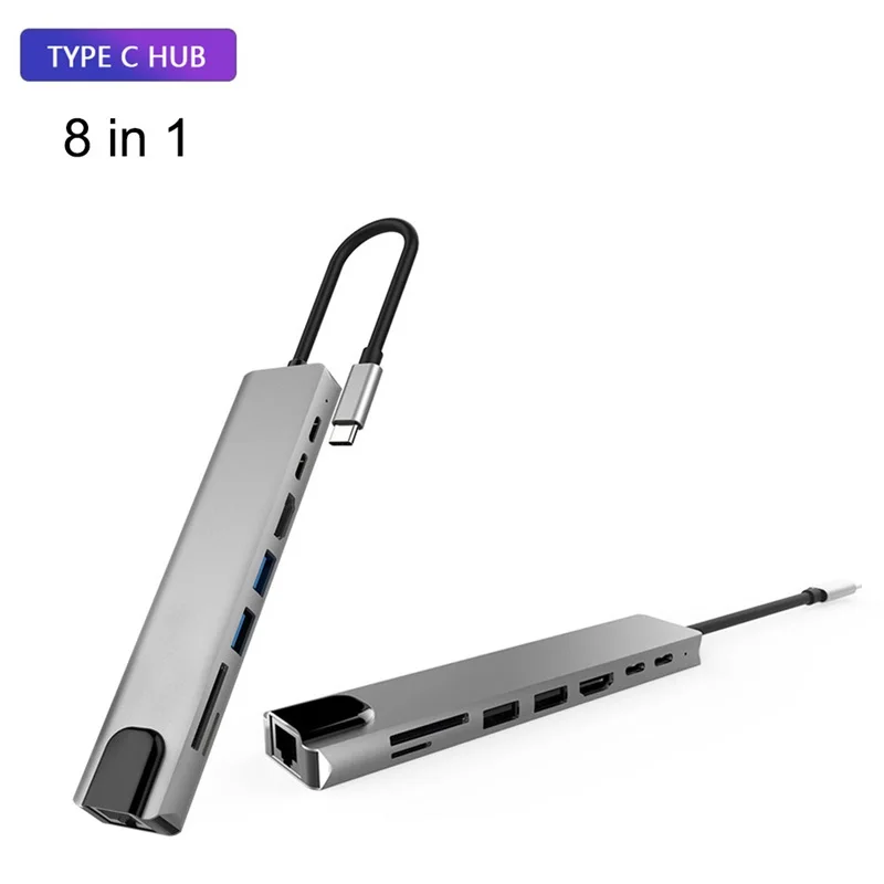 PD 100 واط شاحن 8 In1 نوع C USB C Hub الهاتف اللوحي المحمول إلى HDMI RJ45 USB 2.0/3.0 SD TF قارئ بطاقات محور كابل محول #2