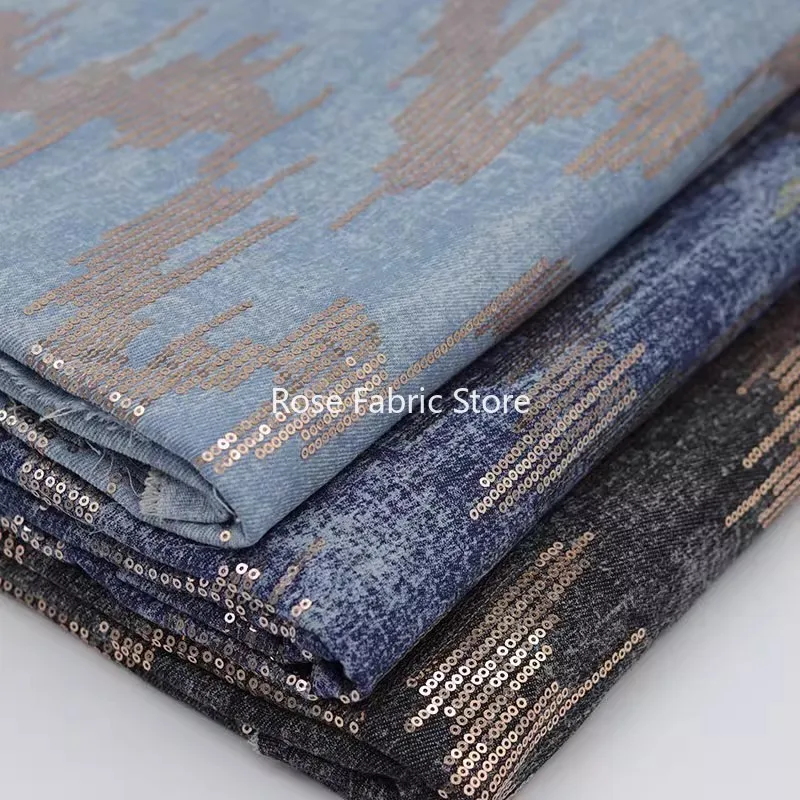 

1 meter Thick Jeans Fabric With Champagne Sequins Embroidery After Washed Denim DIY Sewing Dress Blazer Suits Telas