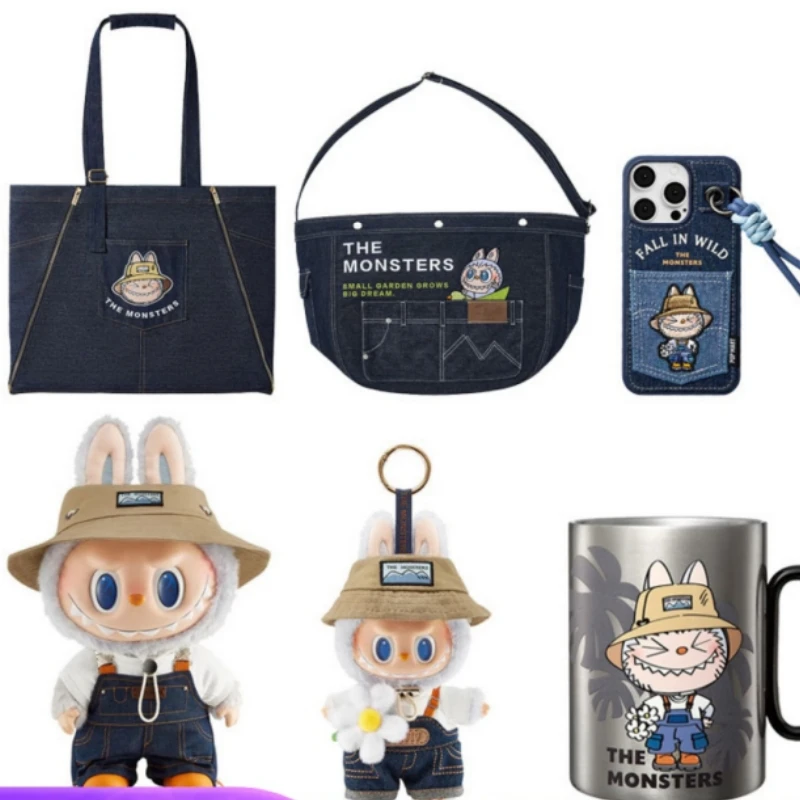 Hot 17cm Labubu Anime Figure Spring Wild Home Series Action Figurine Pendant Denim Satchel Decor Cowboy Shoulder Bag Toys Gifts