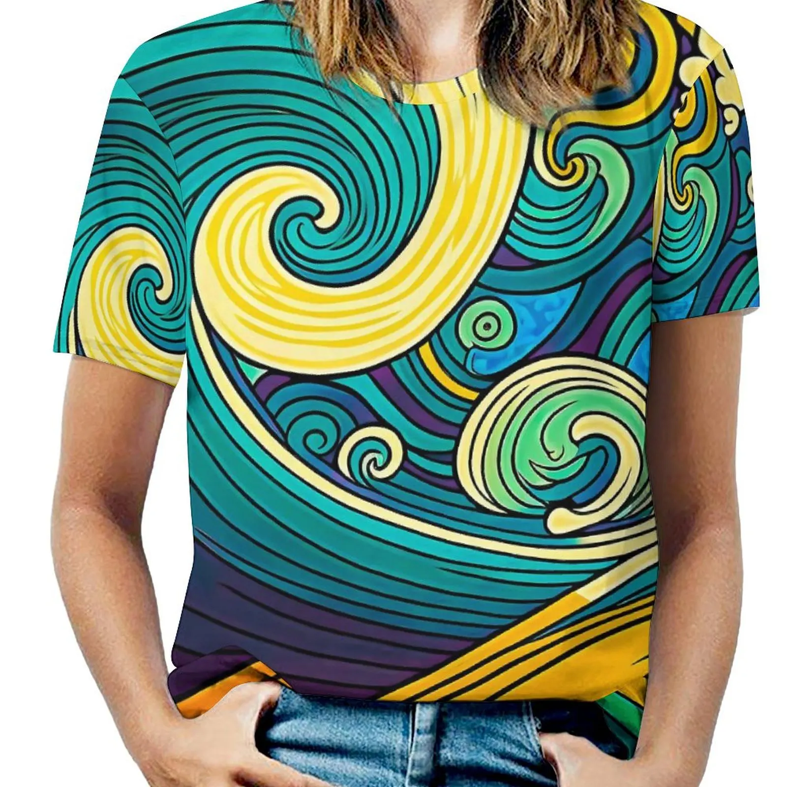 Women T-Shirt Retro 70s Hippie Wave O Neck T Shirts Short-Sleeve Abstract Colorful Custom Tshirt Streetwear Top Tees 4XL 5XL 6XL