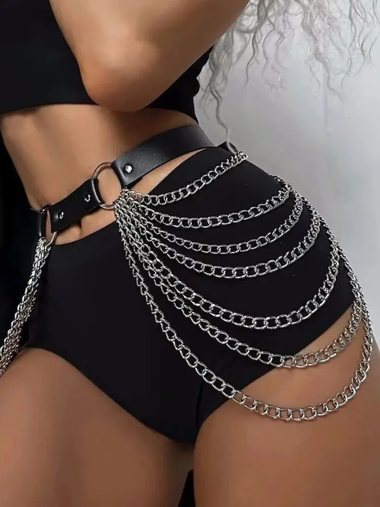 Gothic Punk Schwarzer PU-Ledergürtel mit Fransen, verstellbare Harness-Taillenkette für Frauen, Rockabilly Halloween Festival-Zubehör