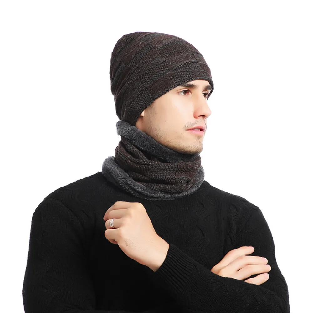 Versátil conjunto de bufanda y sombrero de fibra acrílica para hombre, gorro de lana grueso elástico, gorro de Jersey suave a cuadros para invierno