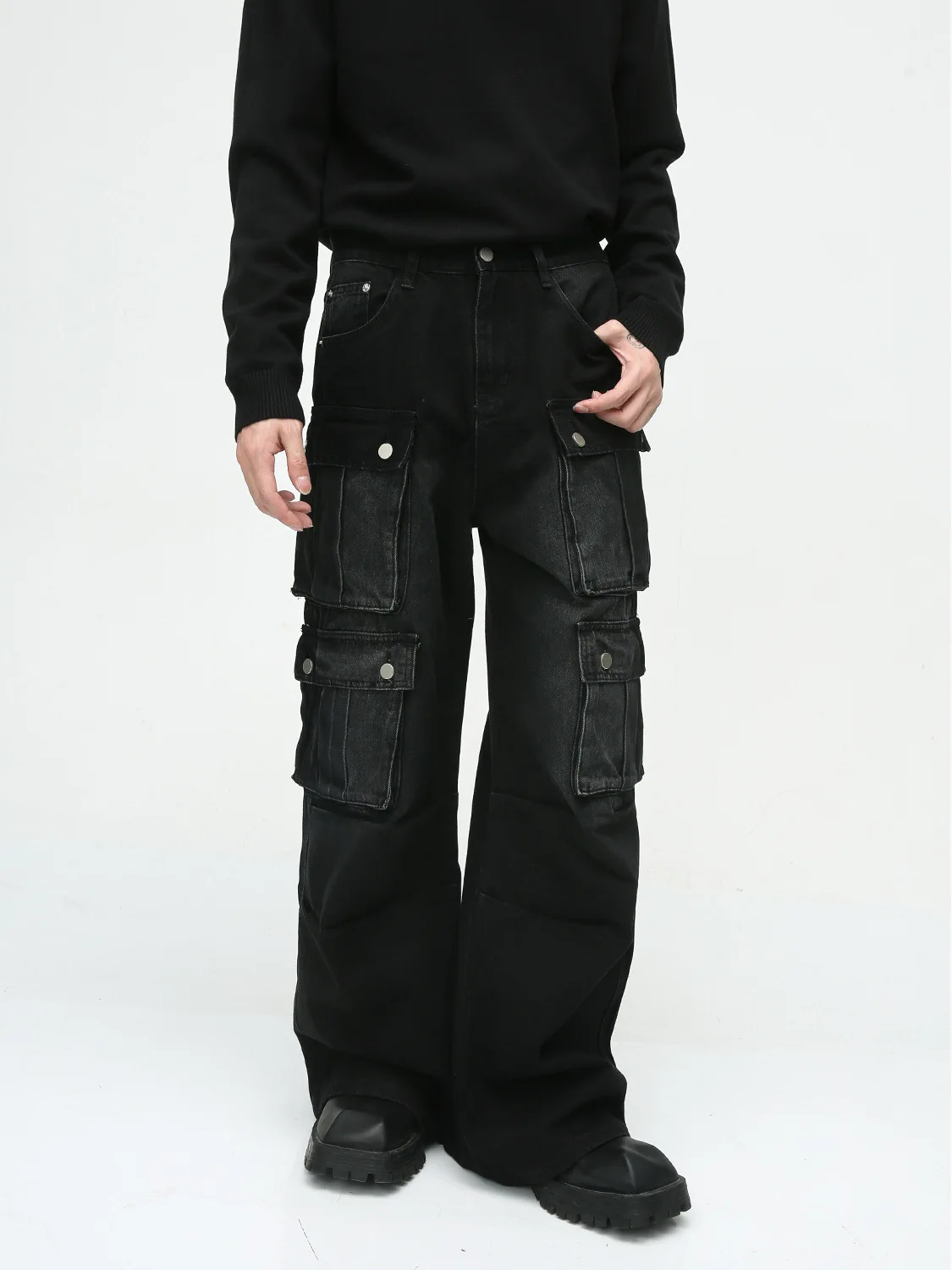 New Autumnal Vintage Multi-ket Design Workwear Wide-Leg Jeans for Men Visual Subculture Faion Small  Jeans