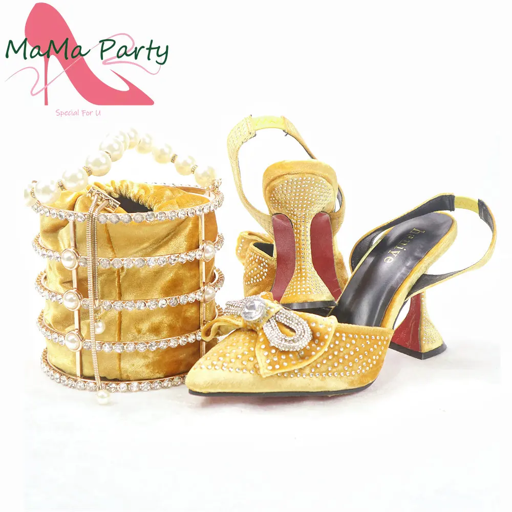 Golden Color Special Design Italian Ladies Shoes and Bag Set Fashionable Pumps with Shinning Crystal for Party