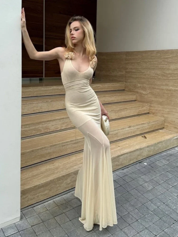 

Sexy Halter Neck Flower Mesh Patchwork Long Dress Women Sleeveless Backless Floral Folds Slim Dresses Evening Party Beach Gowns