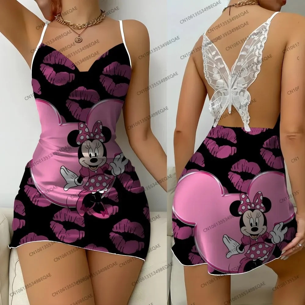 

Модное элегантное женское платье с принтом Минни Маус Диснея, летняя сексуальная одежда для сна на подтяжках, кружевная юбка с круглым вырезом сзади