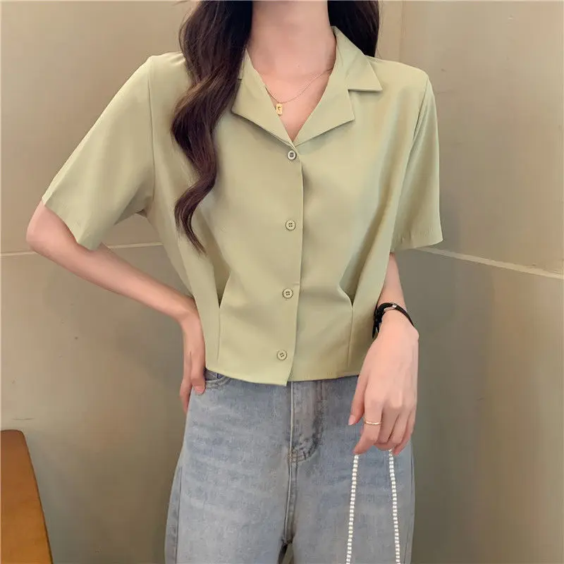 Shirts Women Summer Vintage Temperament Crop Tops New Arrival Stylish Simple Tender All-match Casual Notched Female Korean Style