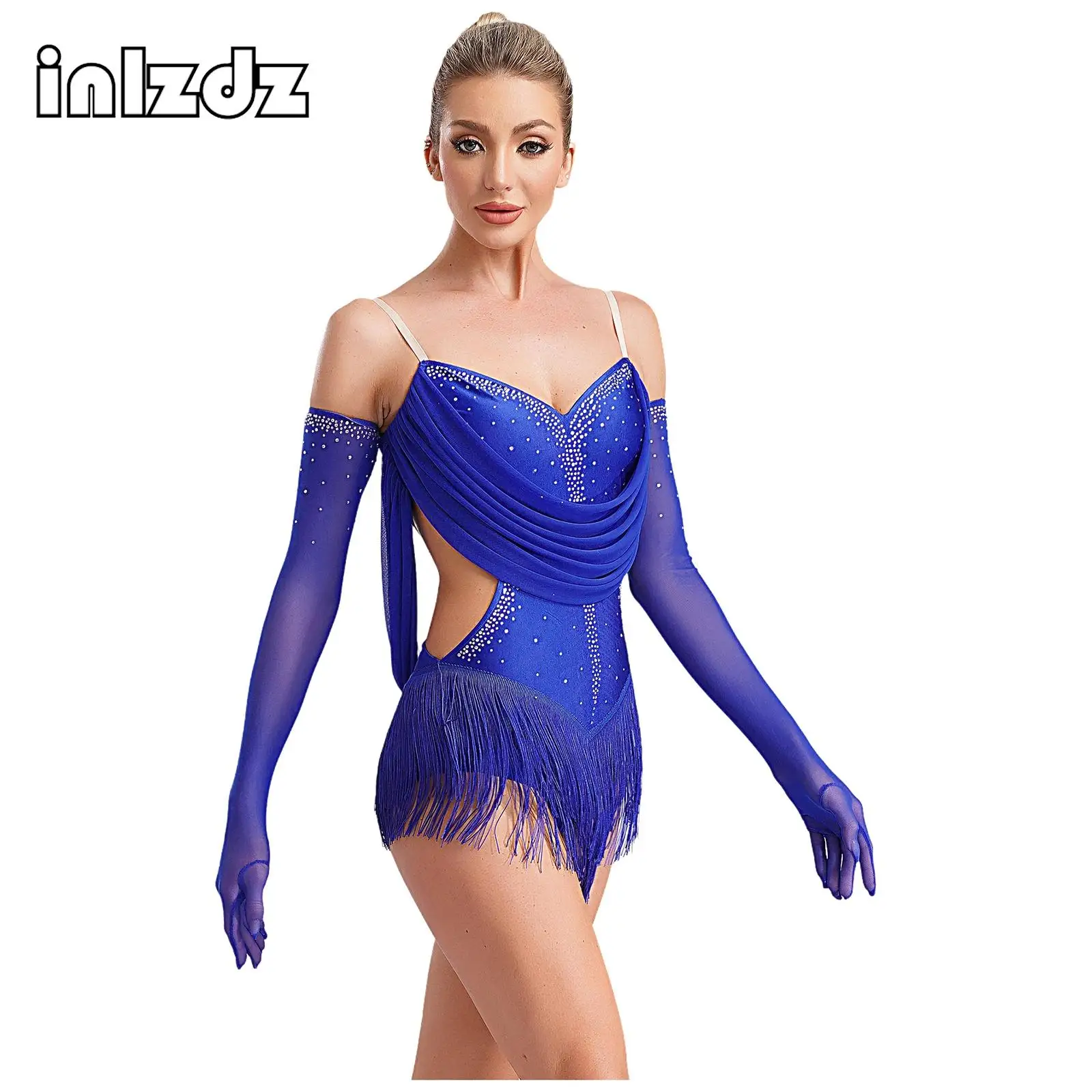 

Womens Ruched Mesh Tassel Latin Dance Leotard set Glittery Rhinestones Adjustable Straps Cutout Fringed Bodysuit with Gloves