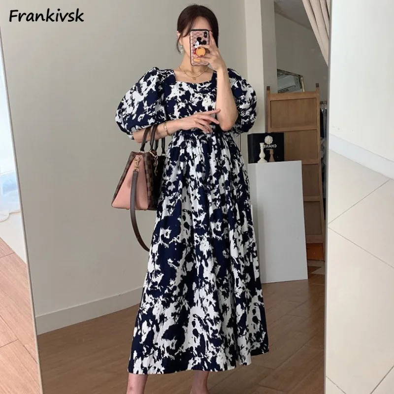 

Dresses Women Casual Summer Korean Style Simple All-match Holiday Print Youthful Charming Aesthetic Ankle Length Lantern Sleeve