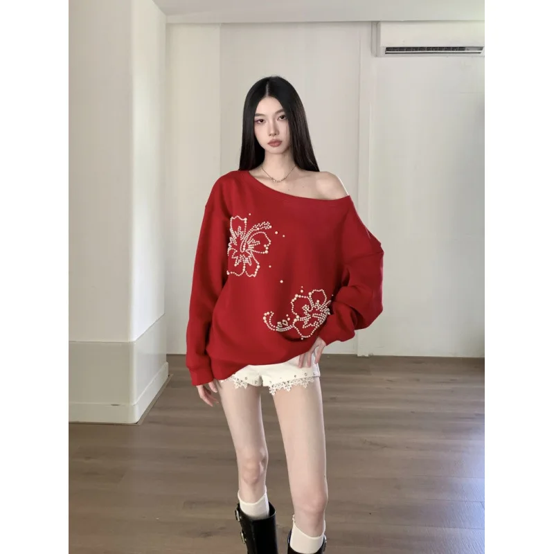 

Женский сексуальный Y2K на одно плечо, красный пуловер с цветочным принтом и бисером, толстовка с капюшоном, шикарный осенний асимметричный дизайн на плечах, новогодние наряды