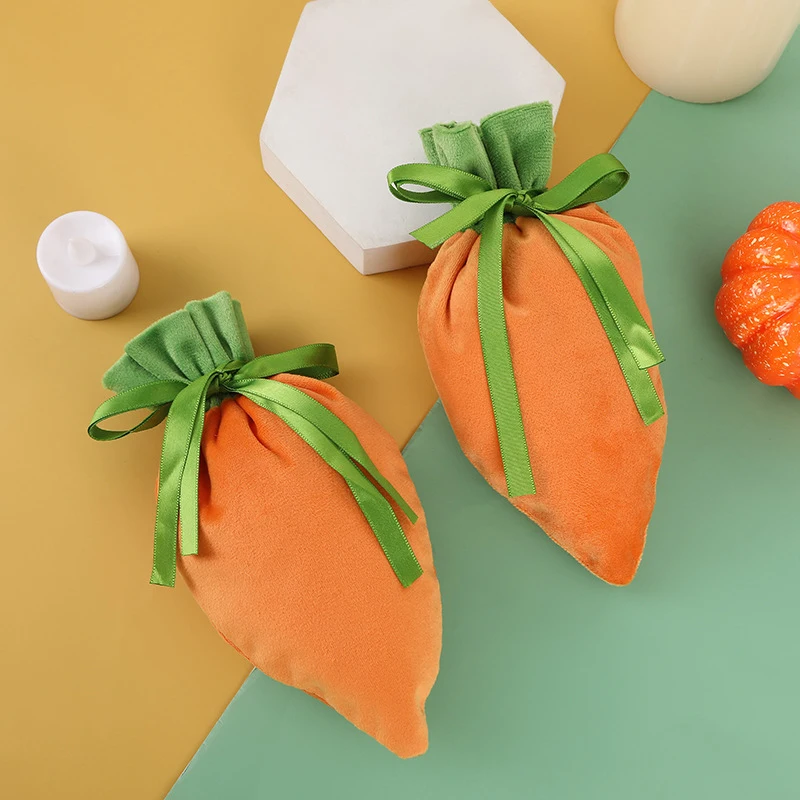 1Pcs Velvet Easter Carrot Shape Drawstring Candy Bags Gift Packaging Bag for Easter Weddings Parties Birthdays Gift Bags