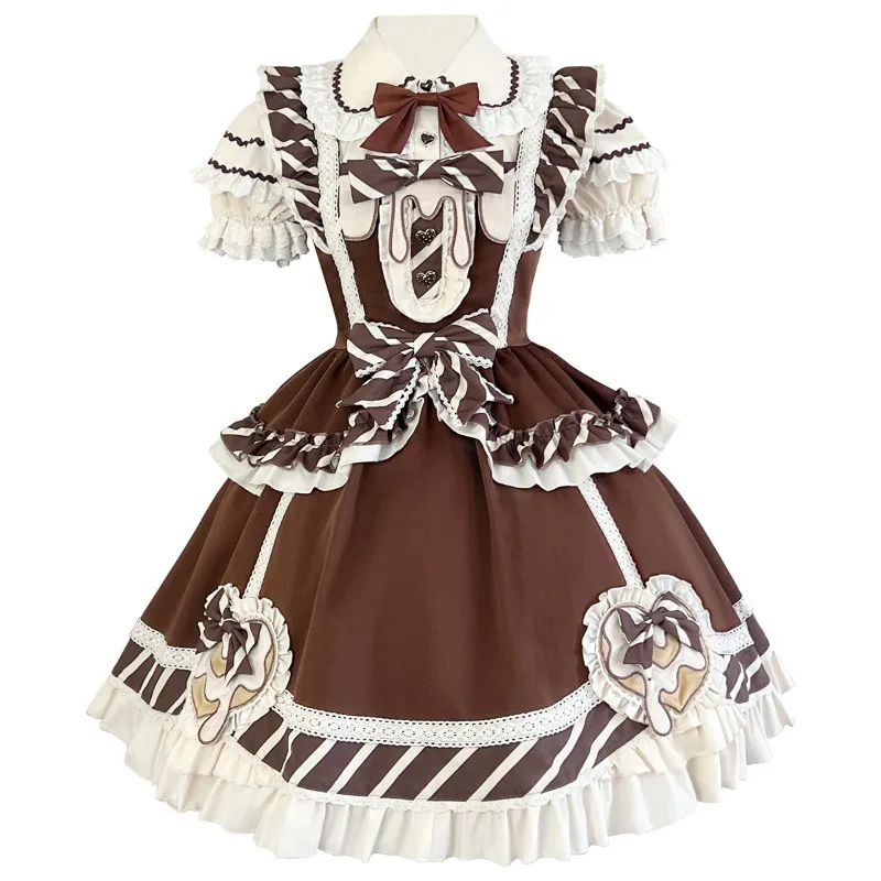 Franse Zoete Chocolade Lolita Jsk Sling Jurk Vrouwen Zoete Kant Ruches Victoriaanse Gothic Strik Prinses Jurk