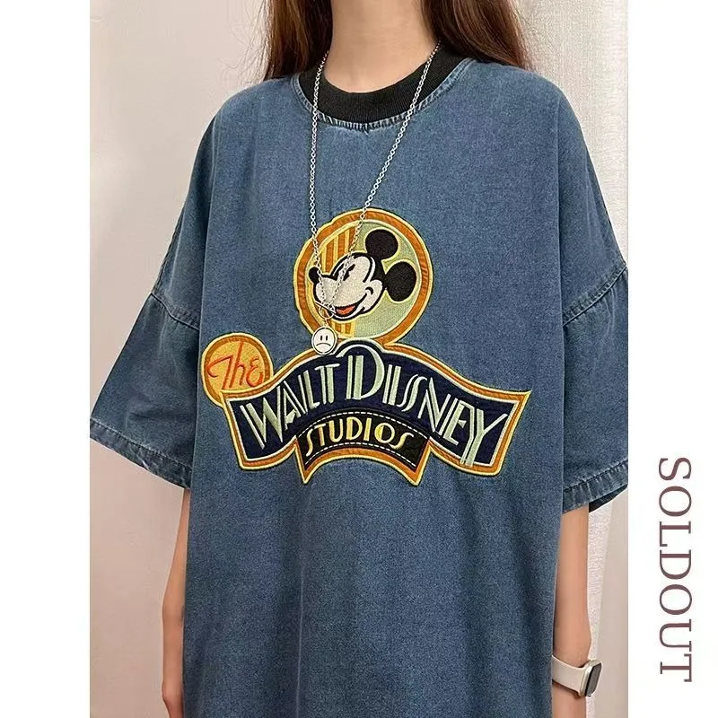 

Cartoon Mickey American Casual Loose Short Sleeve T-Shirt Couple Style Ins Fashion Lazy Fit Denim Top For Men Women adults fun