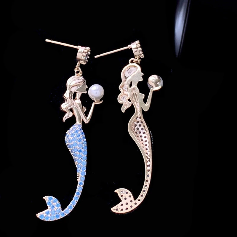 Cute Mermaid Dangle Earrings with Sparkling Blue Crystals and Simulated Pearl