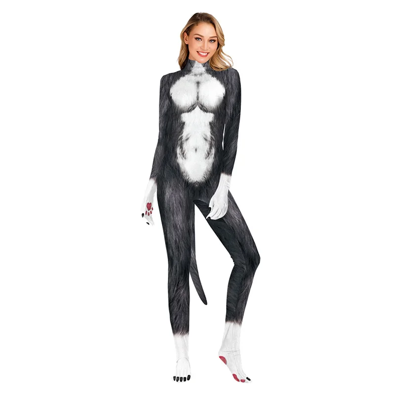 2023 Creative Cosplay Animal Husky Wolf Beast Costumes Unisex Full Cover Elastic Party Bodysuit Zentai with Tail Jumpsuits