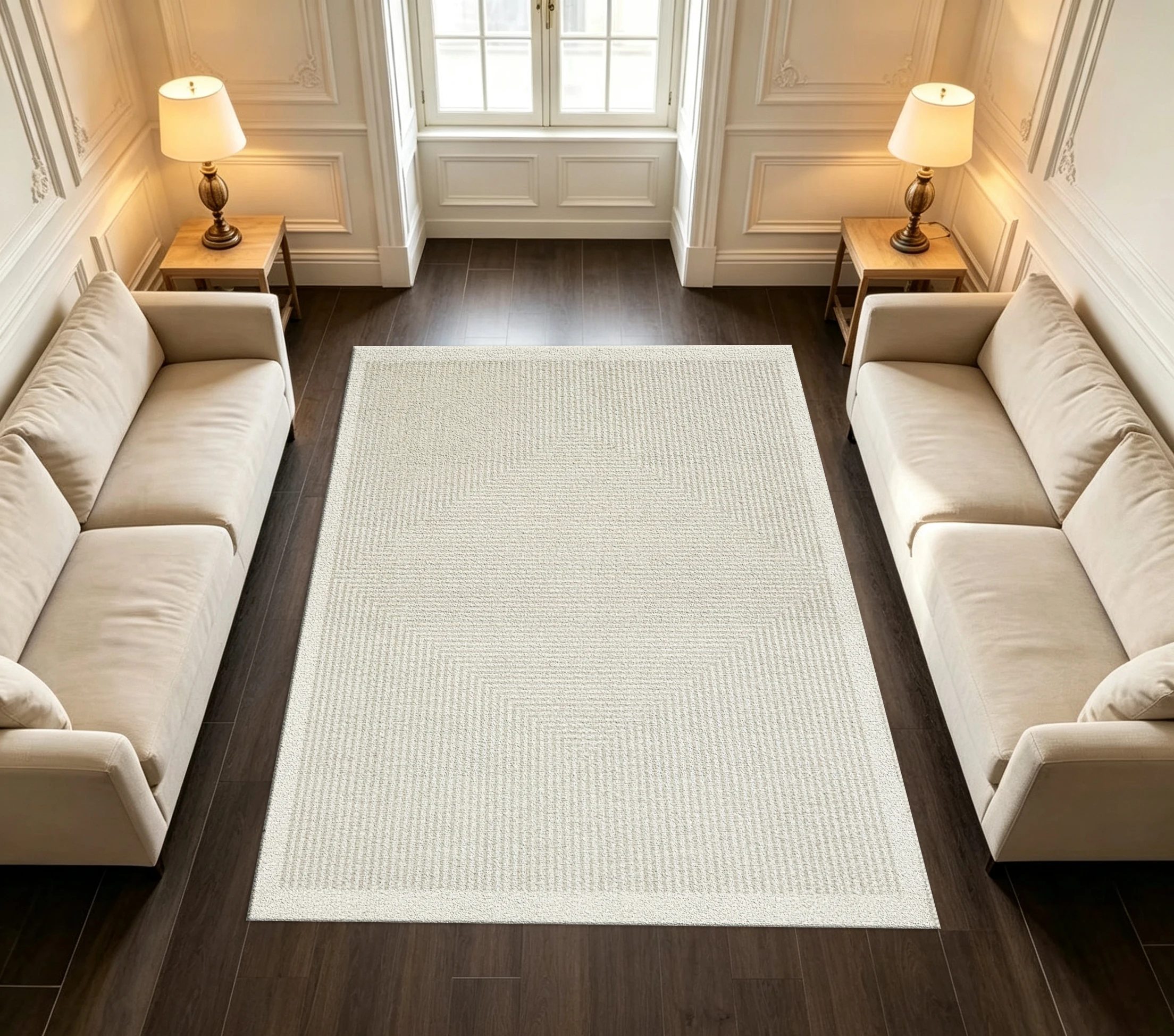 Minimalist Double Square Concentric Line Carpet Flooring, Neutral Tone Indoor Decor Area Rug