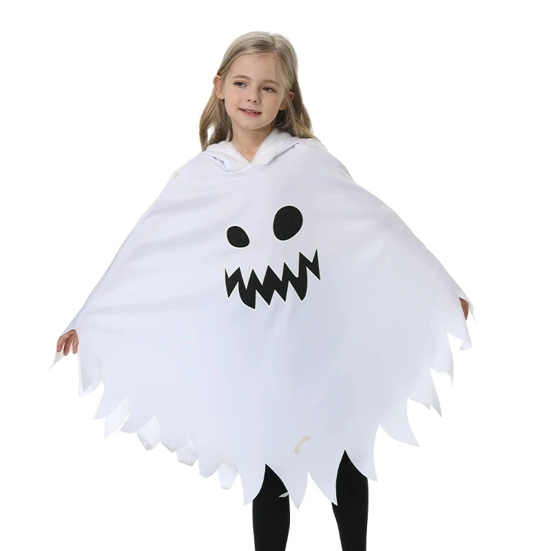 Halloween Cosplay Boys Girls Cloak Ghost Modeling Hooded Cape Top For 2-12 Years Festival Party Performance Costume