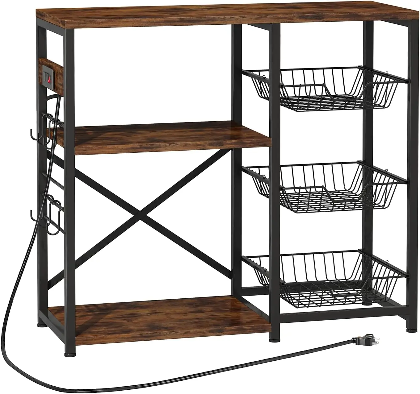 

Kitchen Island, Baker'S Ra With Power Outlet, Microwave Stand, Coffee Bar With 3 Removable Wire Baskets, Kitchen Storage Ra