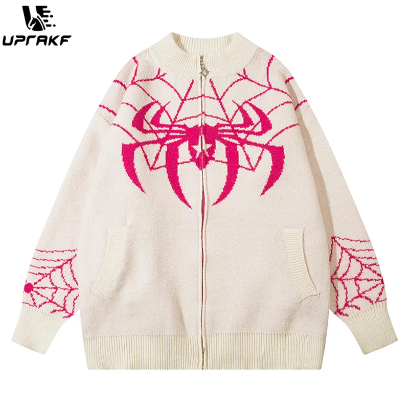 

UPRAKF Spider Zipper Sweater Oversize Autumn Casual Warm Long Sleeve Design Front Pocket