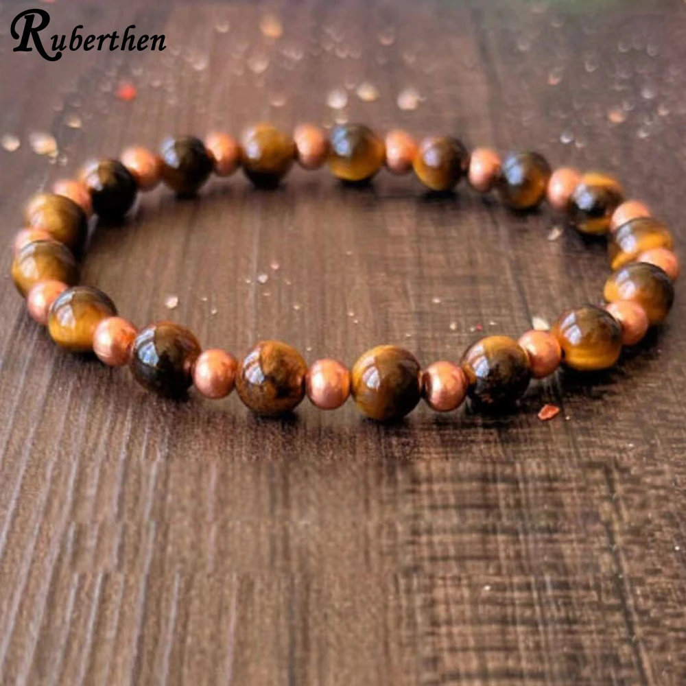 Ruberthen Women`s Solar Chakra Wrist Mala Bracelet 6 MM Tiger Eye With Copper Beaded Bracelet Handmade Yoga Mala Bracelet