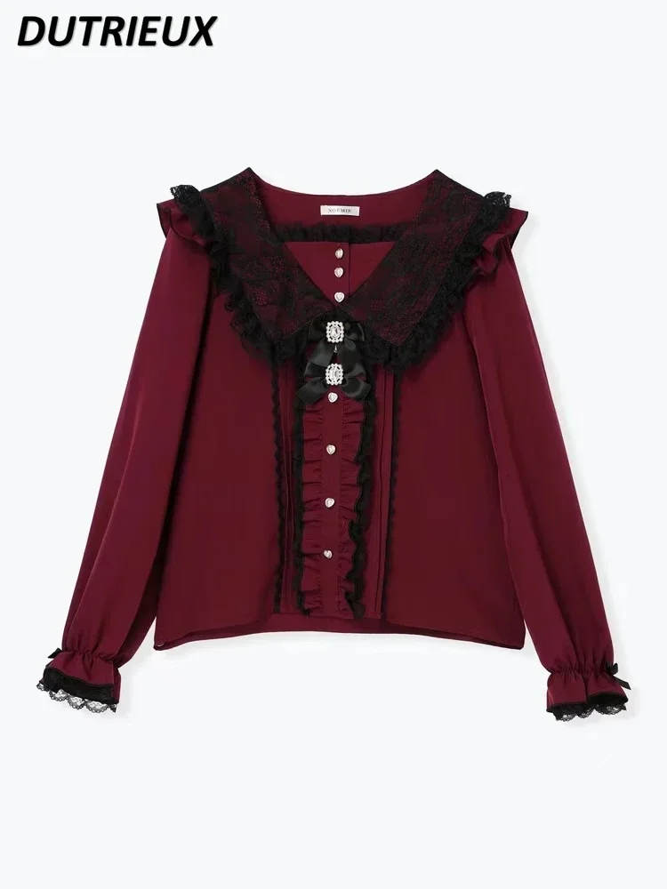 

Long-sleeved Shirt Cute Fashion Spring Autumn Women's Tops Japanese Style New Sweet Elegant Casual Blouse Lace Cute Bow