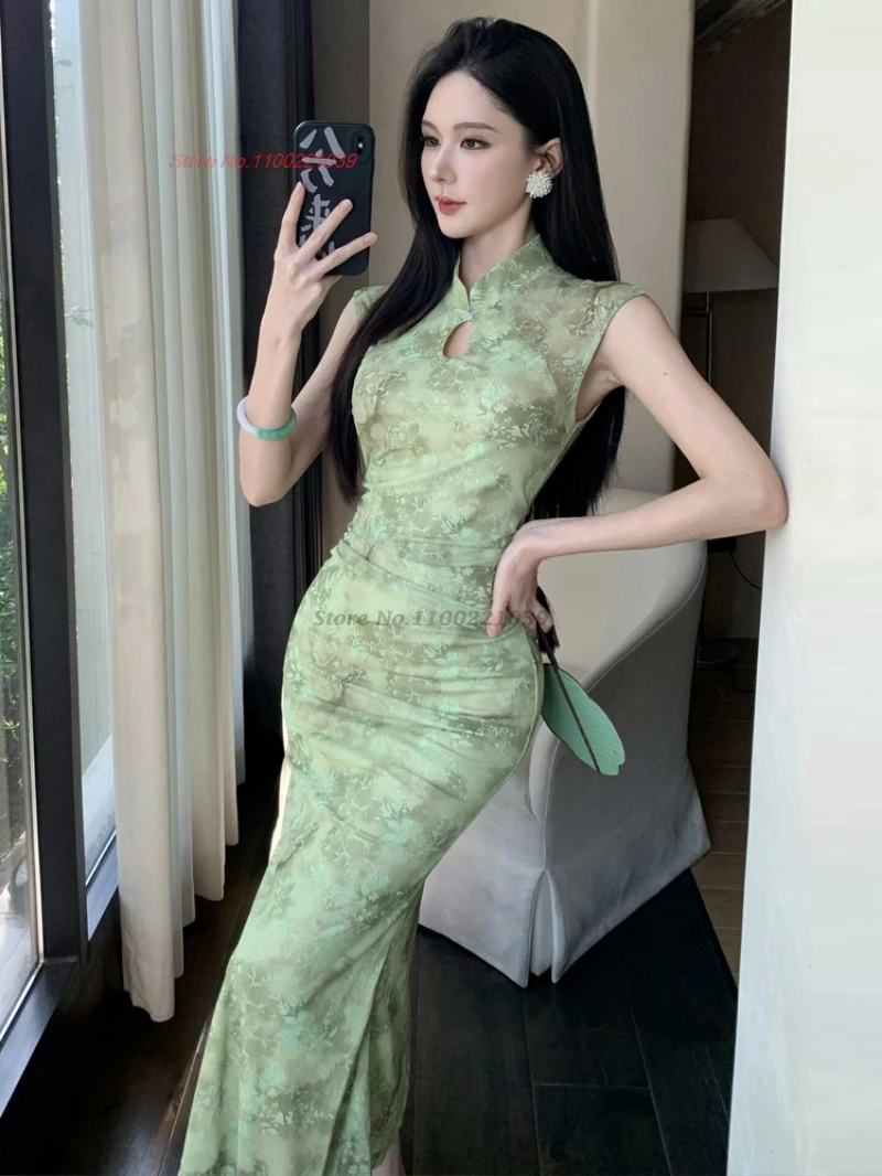 

2025 chinese traditional dress improved cheongsam flower print sleeveless mesh dress qipao sexy nightclub banquet evening dress