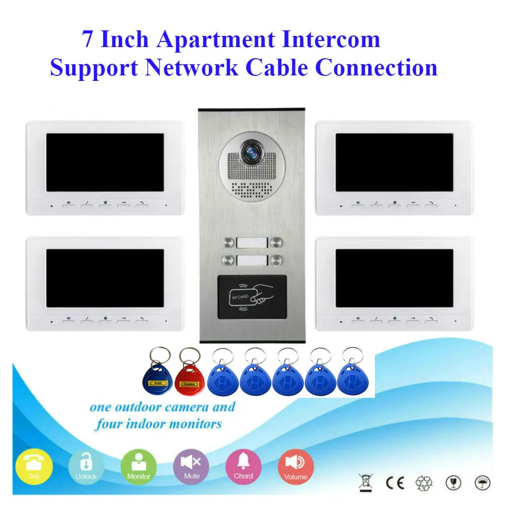 6 Units Apartment Wired Network Cable Video Door Phone Doorbell Intercom System 7 Inch Monitor RFID Access Unlock Door Intercom