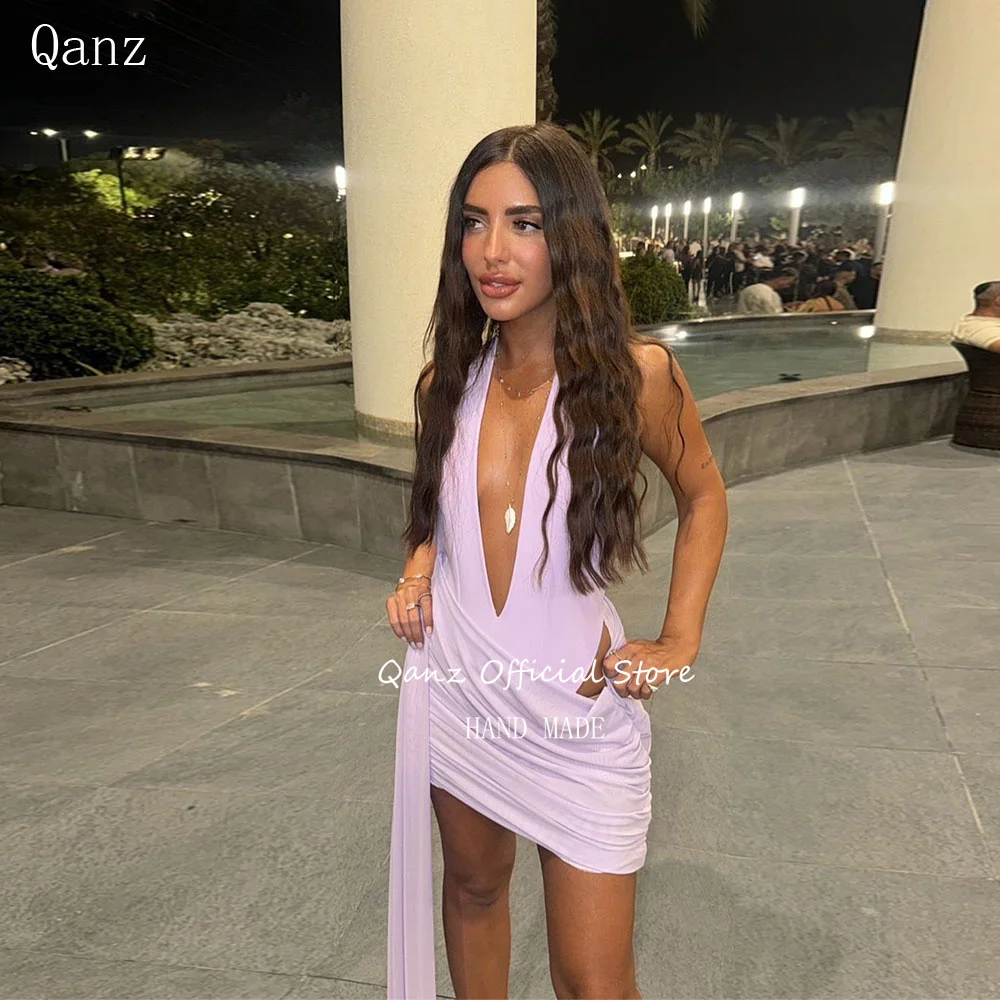 

Qanz Lilac Sexy V Neck Prom Dress Deep V Neck Party Dresses Pleat Mini Above Knee Vestidos Para Eventos Especiales Customized