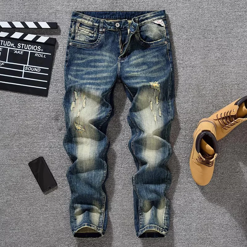 Y2KItalian Fashion Men's High Quality Retro Blue Jeans Scratched Elastic Slim Fit Jeans Men's Casual Designer Pants Hombre