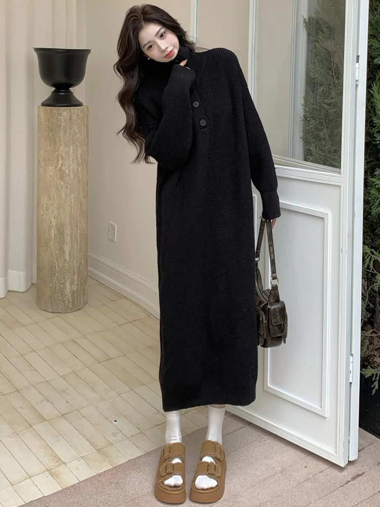 NYFS 2025 شتاء جديد كوريا فساتين النساء Vestidos رداء Elbise فضفاض حجم كبير الياقة المدورة الدافئة طويلة الأكمام محبوك سترة فستان