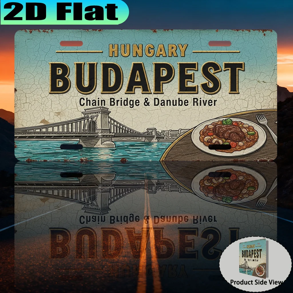 2D Flat - 【2D Flat】 2D Flat - [2D Flat] 1pc Budapest Danube Bridge Vintage Aluminum Sign | 30.48x15.24 cm, 2D Flat Print, Decora