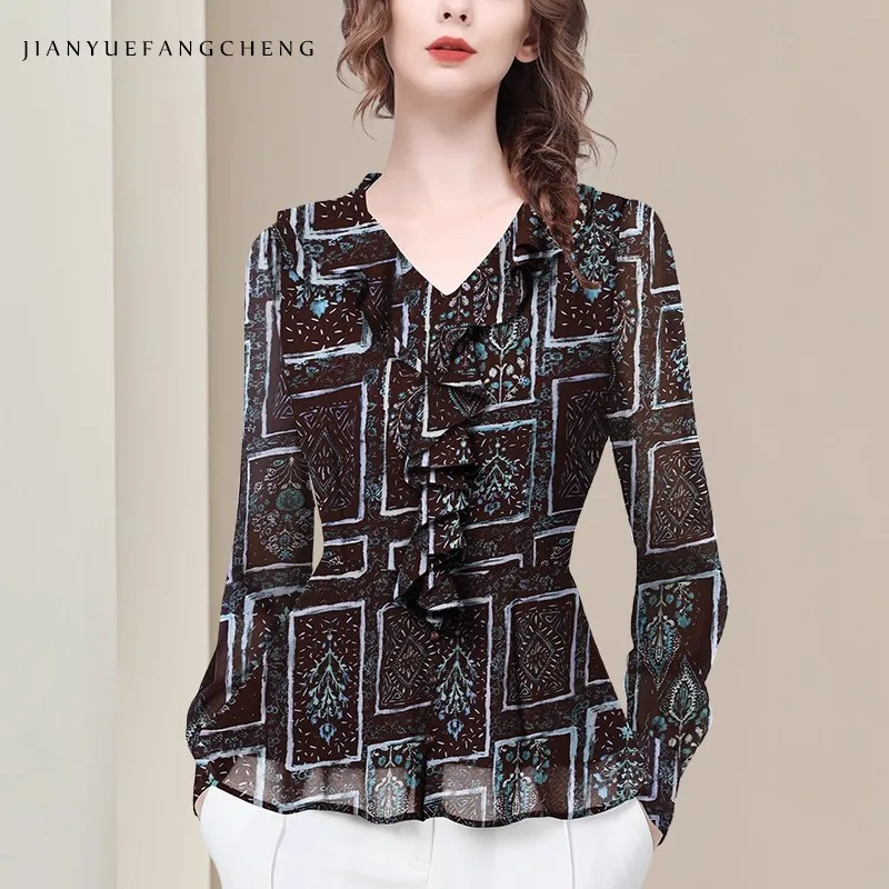 Vintage Geometric Patterns Printed Women' Chiffon Blouse Long Sleeve V-neck Ruffles Casual Working Tops Slimming Shirt