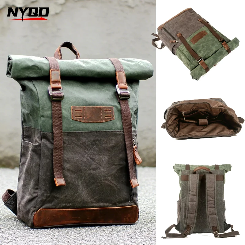 

Oil Wax Canvas Contrast Backpack Retro Canvas Bag Outdoor Hiking Hiking Backpack Schoolbag School Backpack for College Students