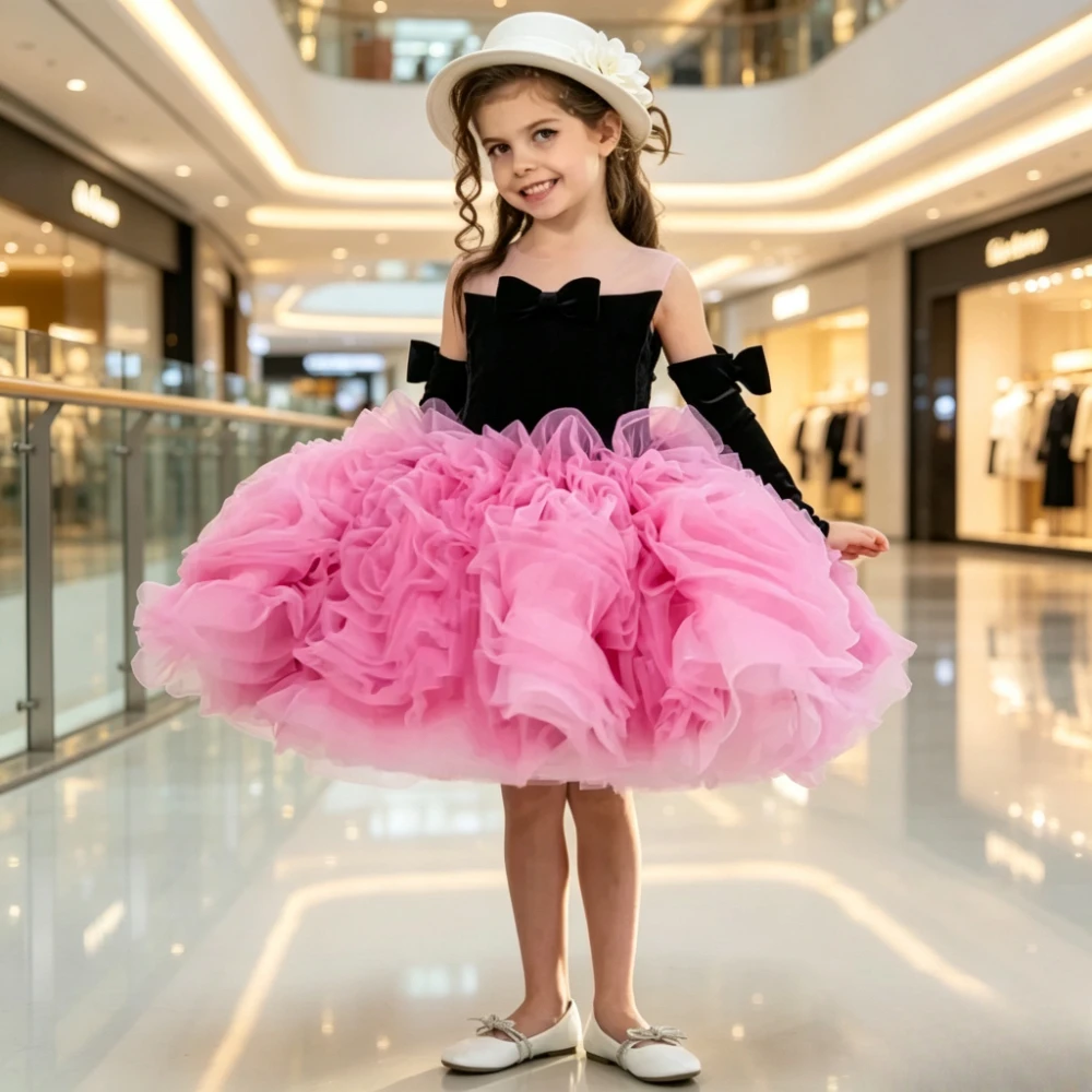 2026Birthday Dresses For Girls New Children Black Velvet Bow Tutu Clothes Kids Formal Princess Dress Piano Runway Performance