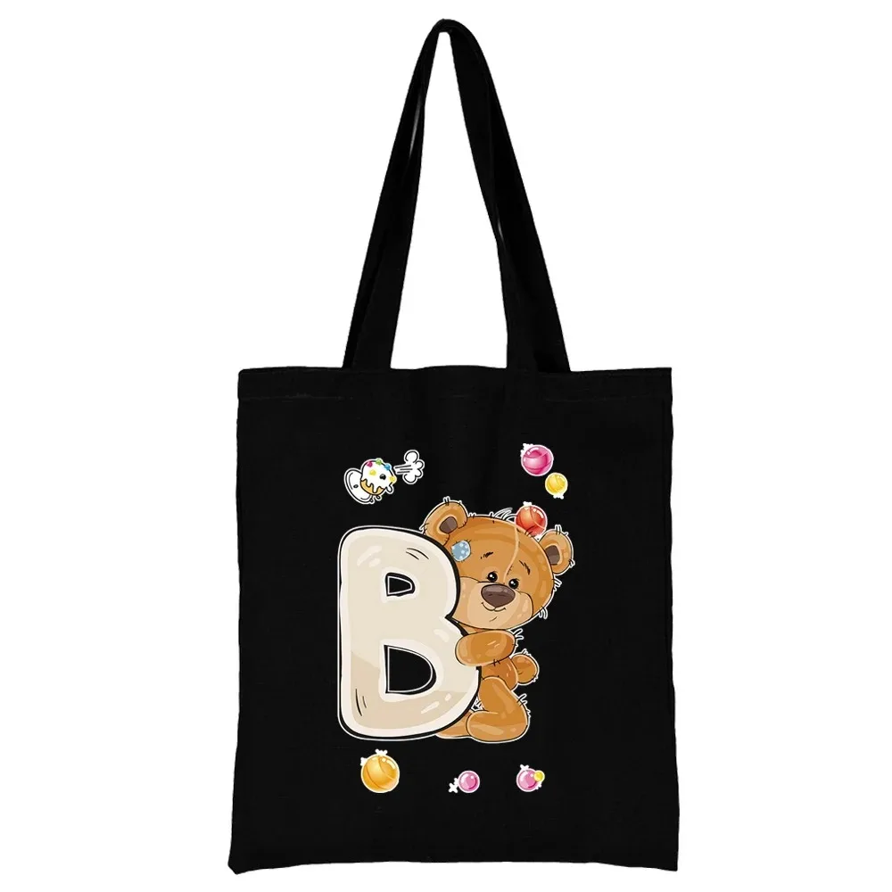 Cartoon Cute Brown Bear Letter Tote Bag Black Minimalist and Cute Shopping Bag Large Capacity Tote Bag Foldable