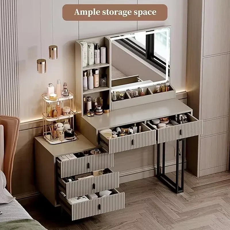 Large Vanity Desk Touch Screen Dimming Mirror, Vanity Desk with Charging Station, Modern Retractable Makeup Dressing Table
